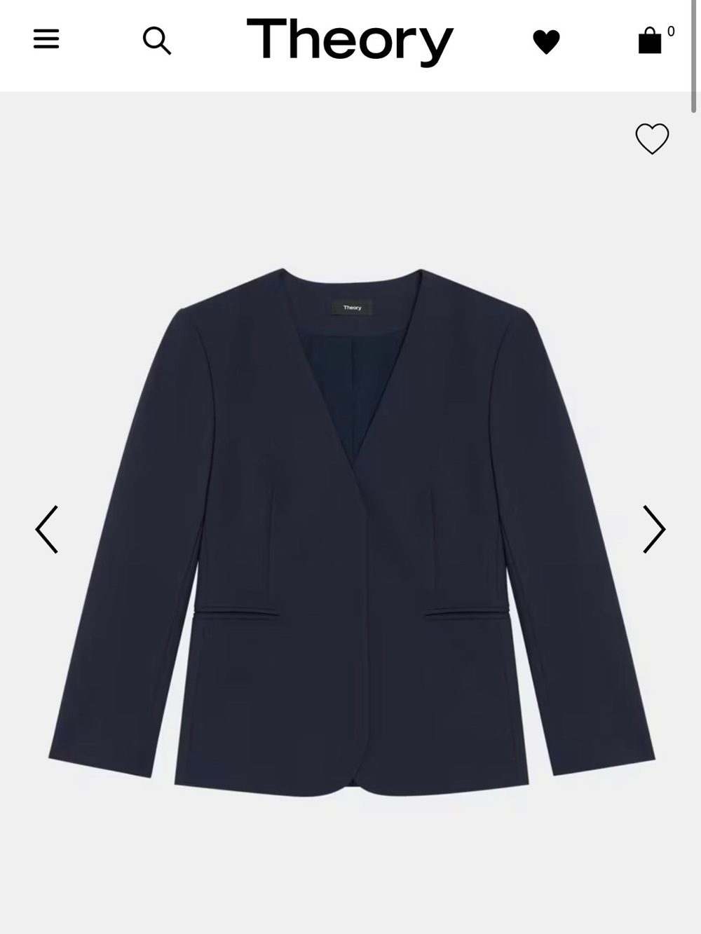 Theory Navy Collarless Open Blazer in Stretch Wool